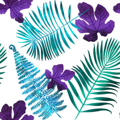 Pattern Neon tropical leaves of palm, monstera, fern. Pink, purple and blue plants on a white background.