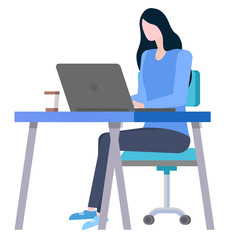 Woman sitting at table with laptop and coffee, worker using computer. Employee creative business idea, innovation strategy, person brainstorming vector