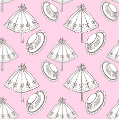 Illustration of vintage umbrella, hat. Seamless background fashionable modern wallpaper or textile