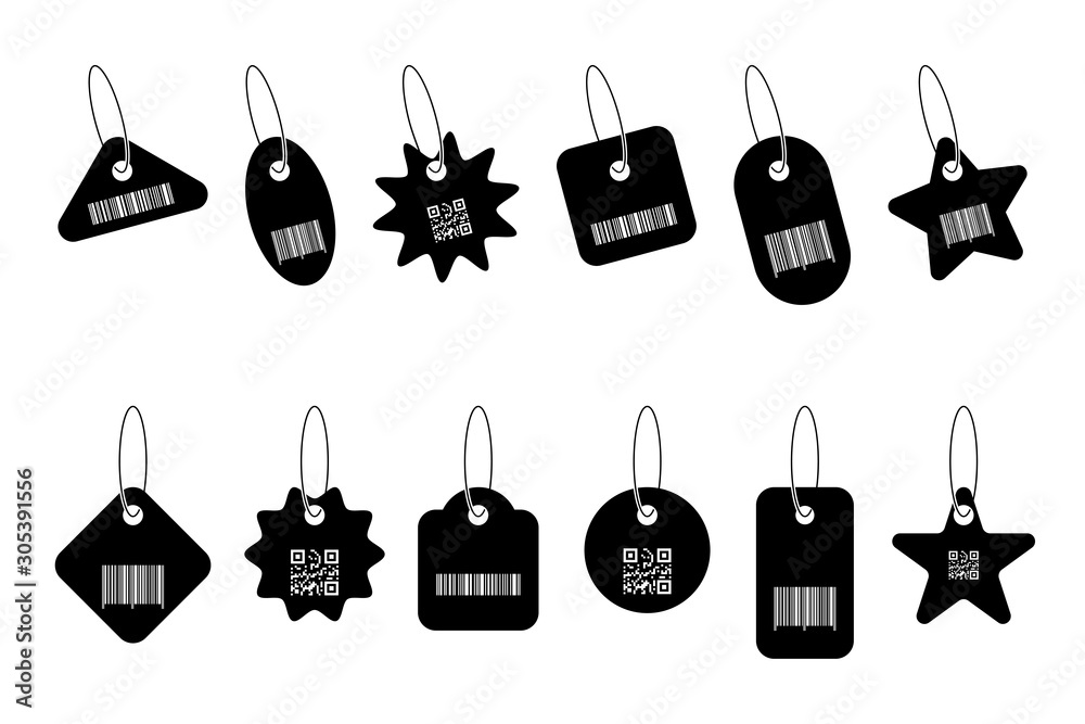Sticker price tags vector icons with bar code, isolated on white background. set of price tags with barcode 