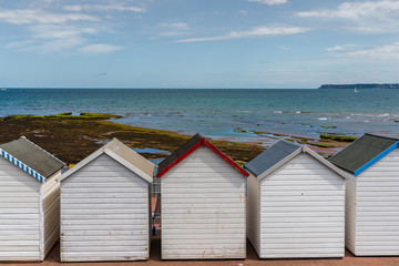 Beach Huts with a view over the Preston Sands in Paignton, Torbay, England, UK