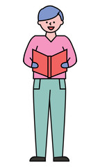 Boy standing alone and singing. Young man sing Christmas carol songs or prayer. Guy read text of song from vector red book. Person with blue hair in shirt and pants isolated on white background