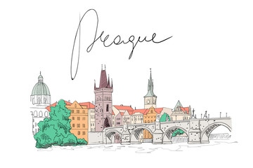 vector sketch of Charles Bridge, Prague, Czech Republic.