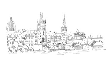 Naklejka premium vector sketch of Charles Bridge, Prague, Czech Republic.