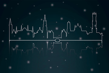 Vector illustration of Bruges town on winter night sky background.