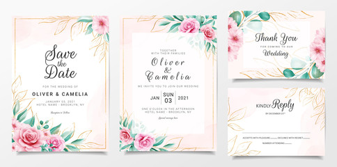 Elegant wedding invitation card template set with watercolor floral and gold glitter decoration. Roses and leaves botanic illustration for background, save the date, invitation, greeting card, poster