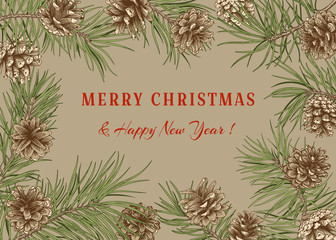 Fototapeta na wymiar Christmas botanical card. Beige background with red greeting. Vector illustration with Pine, cones.