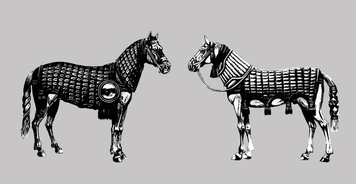 Military horses of ancient Persians and Assyrians. Armored horses silhouette set. Historical illustration.	