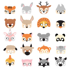 Animal carnival mask set, festival decoration for kids. Vector illustration.