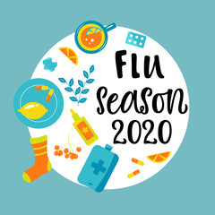 Handwritten FLU SEASON 2020 with varios means and mediciness. Bright illustration. Vector illustration in flat cartoon style.