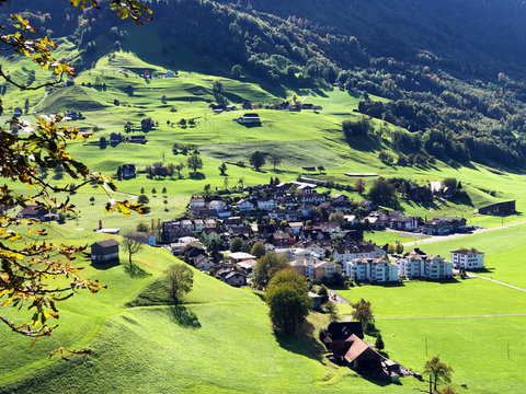 View of the alpine settlement Ennetmoos below Stanserhorn Mountain - Canton of Nidwalden, Switzerland