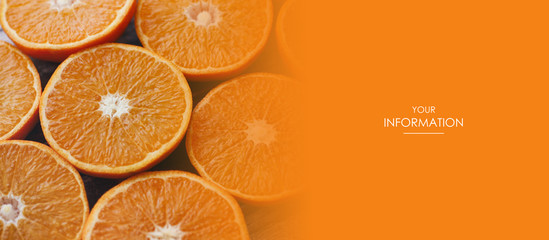Sliced oranges. Vitamin C. Fruits pattern. Fresh citrus. Web article template. Long header banner format. Sale coupon. Visit card. Your information. Text space.