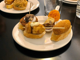 Spanish tapas called pintxos. Bilbao, Spain.