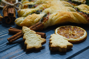 Christmas tree cheese pie on wooden background