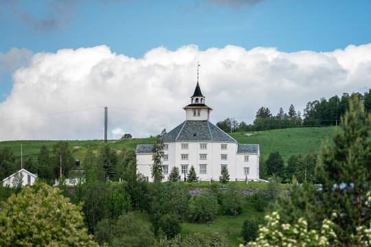 White wooden church on the Norwegian countryside