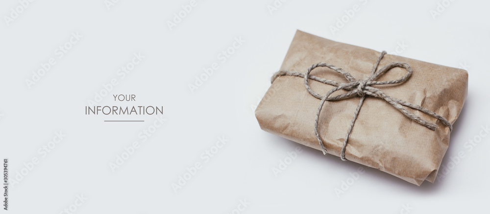 Wall mural soft pouch wrapped in craft paper and tie hemp string. white background. isolation. web article temp