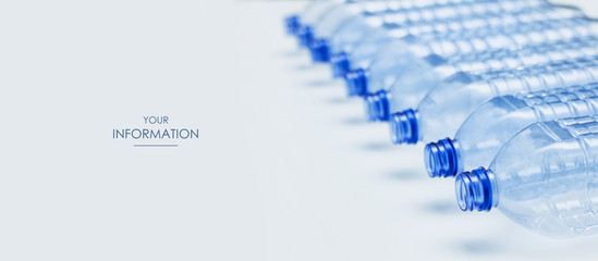 Empty blue plastic bottles stacked in a line. Waste recycle concept. Manufacturing process.  Web article template. Long header banner format. Sale coupon. Visit card. Your information. Text space.
