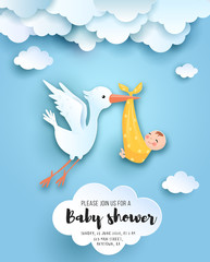 Fototapeta Baby shower card with cute stork in sky with baby, vector paper art. obraz