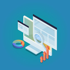 Seo performance, seo analysis, seo monitoring, website seo data, seo traffic concept. Flat design web banner.