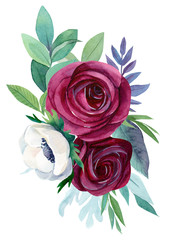 watercolor illustration, beautiful bouquet abstract flowers, plants, berry leaves on white background, burgundy roses, white anemones, succulent eucalyptus.