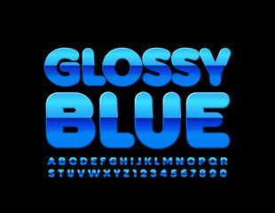 Vector Glossy Blue Font. Bright Creative Alphabet Letters and Numbers.