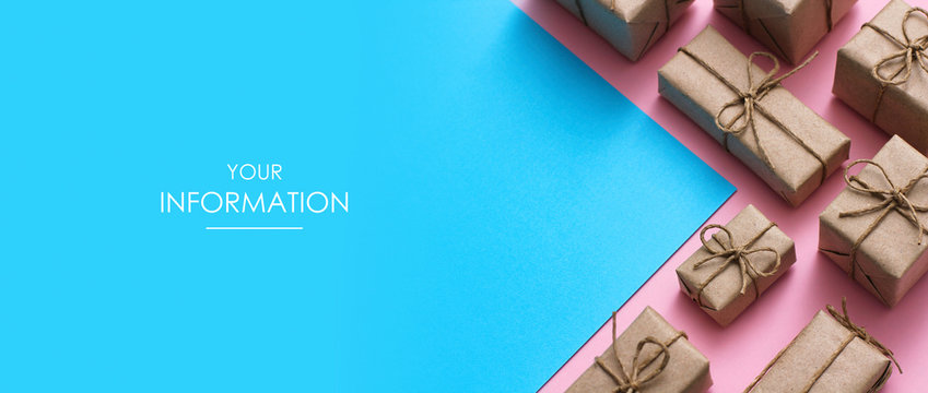 Set of parcels wrapped in craft paper and tie hemp cord. Blue and pink backgrounds. Arrow to the right. Web article template. Long header banner format. Sale coupon. Visit card. Your information. Text