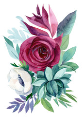 watercolor illustration, beautiful bouquet abstract flowers, plants, berry leaves on white background, burgundy roses, white anemones, succulent eucalyptus.