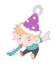 Cute boy blowing party horn cartoon illustration