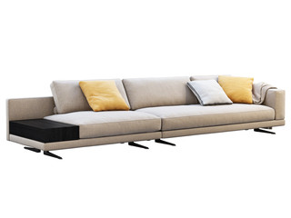 Modern beige fabric modular sofa with pillows and coffee table. 3d render