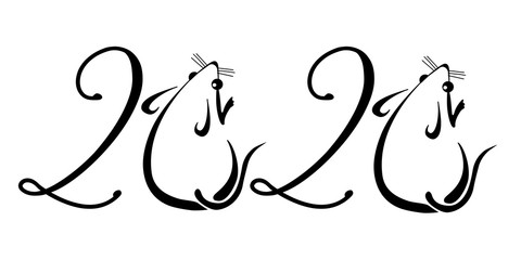 Silhouette of a rat with numbers of the year. Lineart mouse design, rats icons. 2020 new year. Seasonal holiday flyers, greeting cards and invitations, Christmas themed greetings and banners.