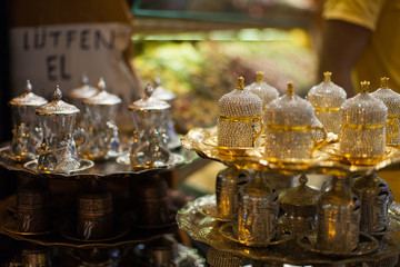 Tea and coffee sets, spices and Turkish desserts in the Egyptian (Spice ) Market in Istanbul, Turkey