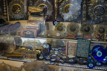 Souvenir shops in Grand Bazaar selling Turkish amulet lucky blue evil eye nazar boncuk