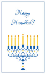 Greeting card or postcard template. Vector illustration with ornate menorah with candles for Happy Hanukkah holidays. David stars.