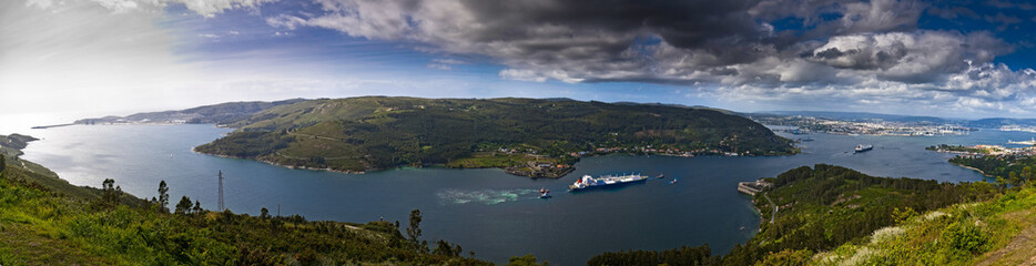 Panoramic view of tankers sailing along the estuary of Ferrol, Spain