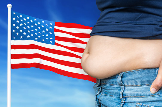 Obesity problem in USA. Overweight woman on background.
