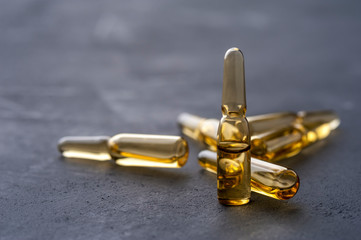 Close-up glass ampoules with medicine