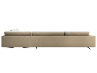 Modern gray fabric corner sofa with pillows and knitted plaid. 3d render