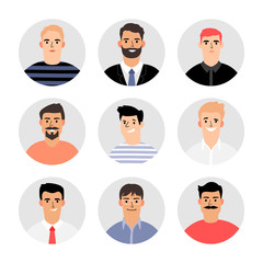 Smiling men faces avatars. Manly avatar set isolated, different adult human male face set in suit and shirt, vector sweater and tshirt, people heads for business portraits
