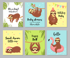 Sloth cards. Cute slumber animals with quotes for baby shower invitation, kids party design, and nursery posters. © Colorlife