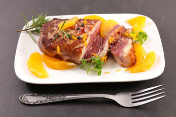fried duck fillet and orange sauce