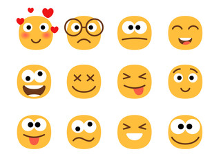 Fototapeta premium Fun smile emoticons faces. Flat happy and enamored, wonder and laughing, confused and shocked funny emoji face set