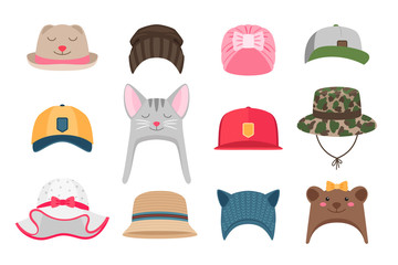 Kids hats illustrations. Hat set for children, winter and summer, with animals for girls and for boy scouts isolated on white background