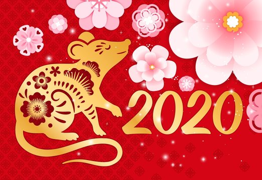 Rat new year 2020 banner. Greeting cars vector background with rat chinese zodiac year symbol and asian paper flowers on red pattern
