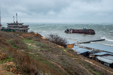 Oil leaks from cargo ship beached on Ukrainian coast. Odessa, Ukraine, November 22, 2019. An abandoned tanker loaded with oil is threatening a major environmental disaster of Odessa's coast.