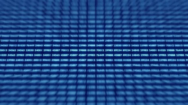 decimal code running up a computer screen. Blue digits. Close-up shot. Shallow depth of field. 4k loop video