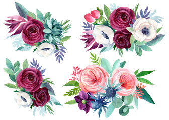 Aquarellillustration, Blumenstrauß, Pflanzen, Beerenblätter auf weißem Hintergrund, Rosen, Anemonen, saftiger Eukalyptus, schöner Blumenstrauß