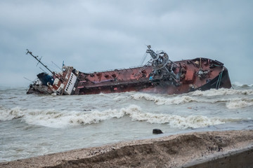 Oil tanker washed ashore on a city beach in Odessa, Ukraine. November 22, 2019.