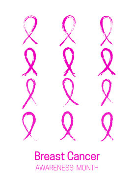 Set of pink ribbons cancer control symbol. Brush strokes. Isolated on a white background. Vector illustration