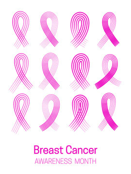 Set of pink ribbons cancer control symbol. Brush strokes. Isolated on white background. Vector illustration