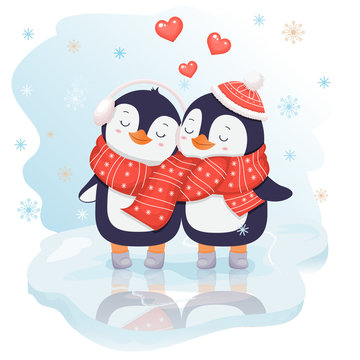 Two cute penguins in love on ice. Vector characters.